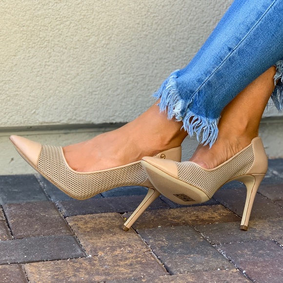 Tan Leather Perforated Mesh Stiletto Heel Pump - Picture 4 of 8
